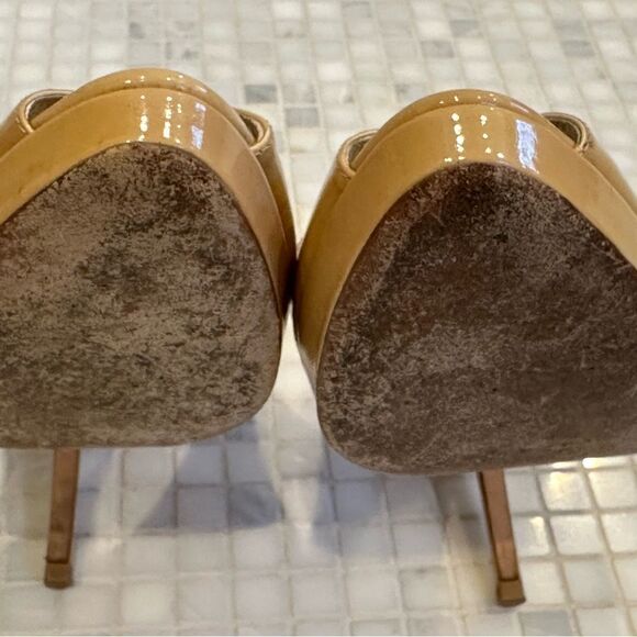 Jimmy Choo Women Peep Toe Nude Patent Leather Platform Slingback Heels - Picture 12 of 14